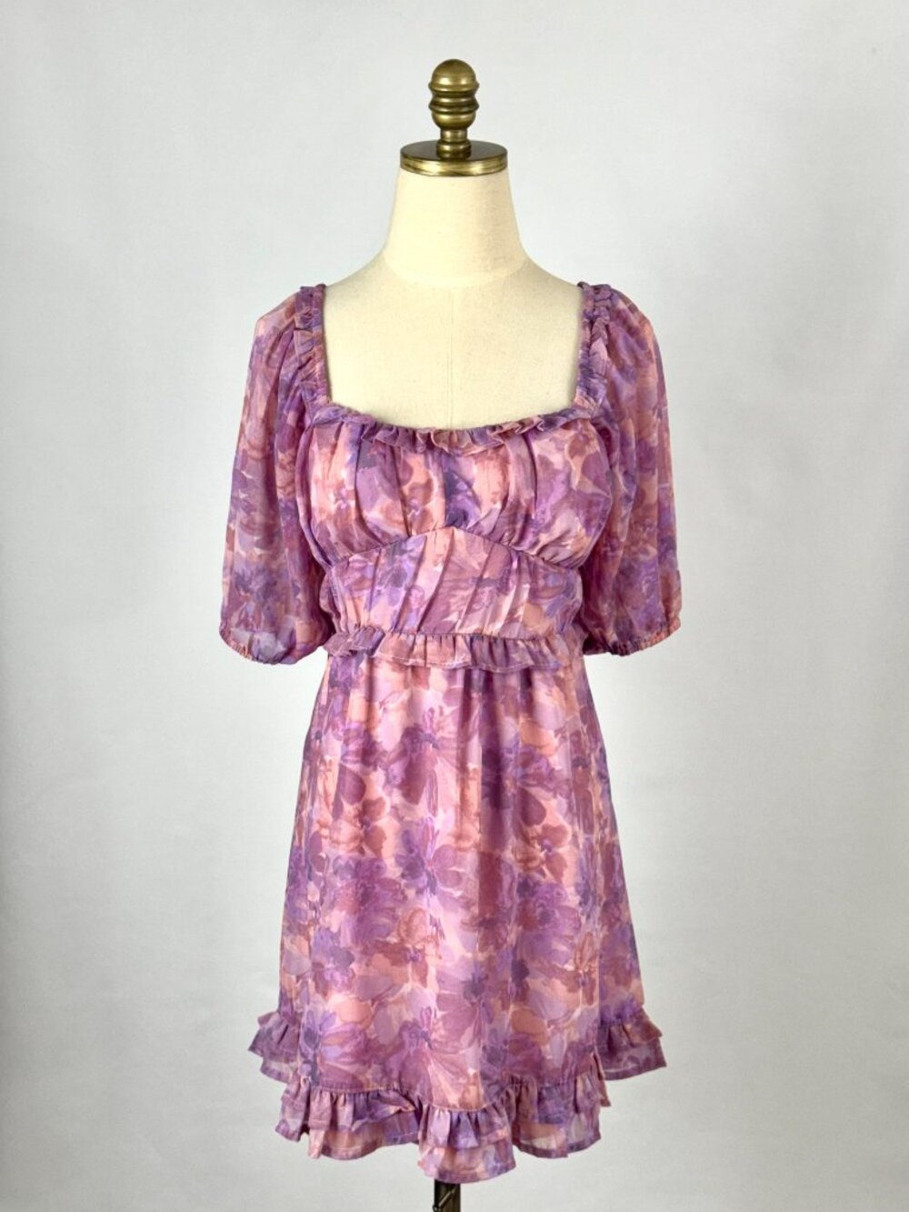 Pink & Lavender Floral Chiffon Milkmaid Mini Dress Puff Sleeves Ruffles Coquette